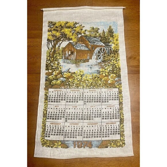 Unbranded Other - Vintage 1974 Old Country Mill Linen Wall Calendar Kitchen Tea Towel Art 29x17”